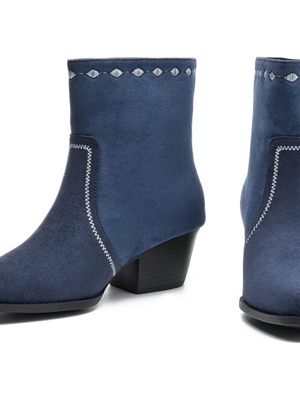Women's Deep Blue Western Boots Cowgirl Low Chunky Heel Pointed Toe Mid - Picture 6 of 7